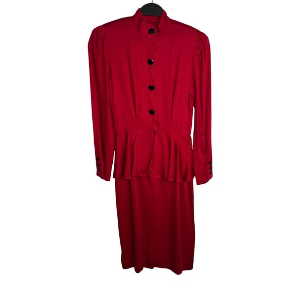 Vintage 80s Liz Claiborne Red Dress Size 2 Petite Button-Front Peplum‎ Dress - Picture 1 of 9